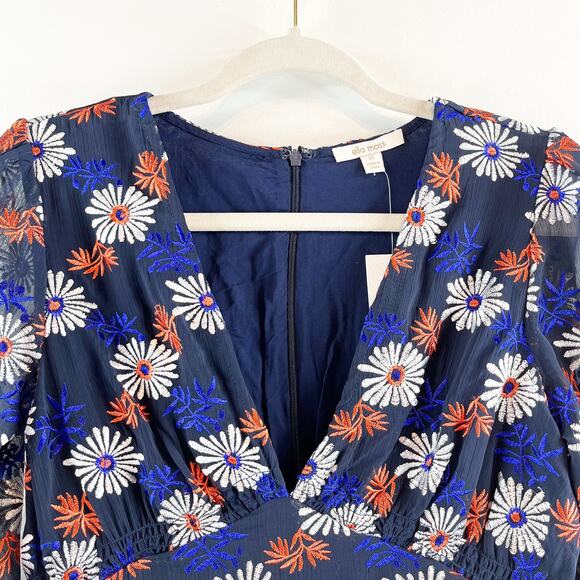 Ella Moss Every Embroidered Zoelie V Neck Chiffon Floral Mini Dress Blue XS - Picture 12 of 16